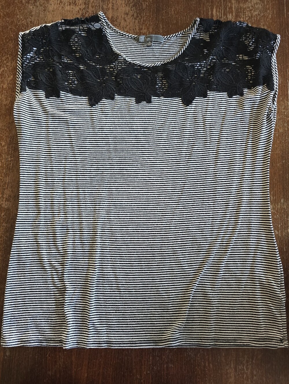89th & Madison Black and White Striped Top with Lace Yoke
